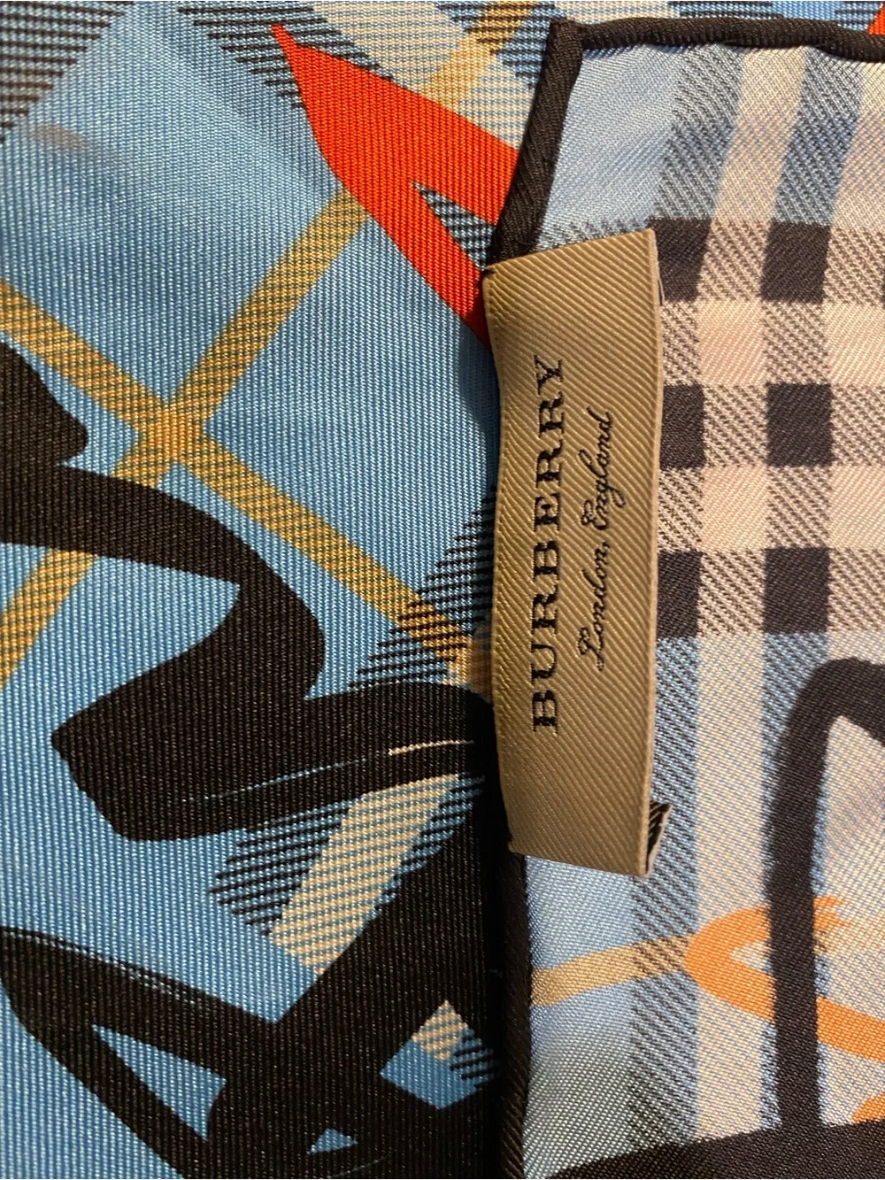 Burberry Blue and Orange Plaid Silk Scarf with Black Accents